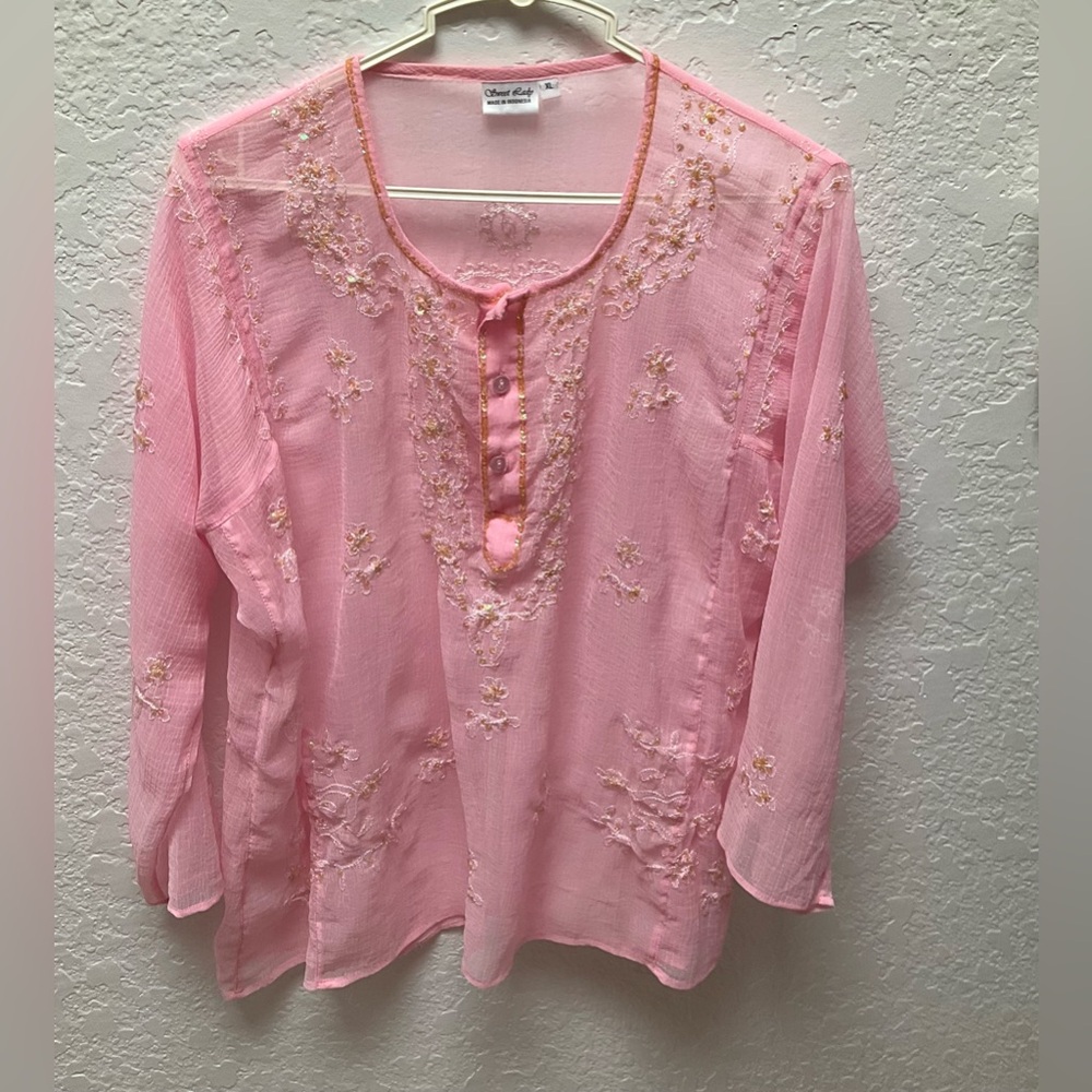 Sweet Lady Pink Embroidered Organza Long Sleeve Blouse